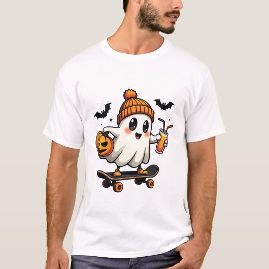 ハロウィン不気味スケートで滑るパンプキンスパイス幽霊秋 Tシャツ (正面)