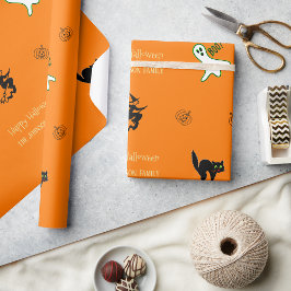 ハロウィン不気味ネコ幽霊ウィッチおもしろいカスタム文字 ラッピングペーパー
