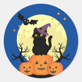 ハロウィン不気味ネコ魔女ジャックオランタン ラウンドシール