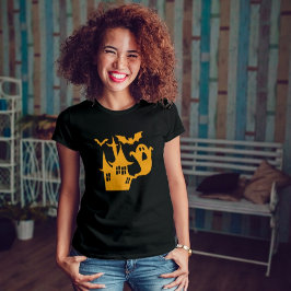 ハロウィン不気味ハウスオレンジグラフィック Tシャツ