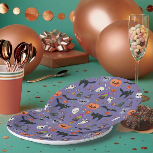 ハロウィン不気味パターン – カボチャ、幽霊こうもり ペーパープレート (複数)