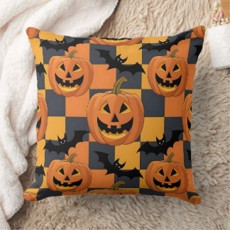 ハロウィン不気味パンプキンとこうもりパターン クッション