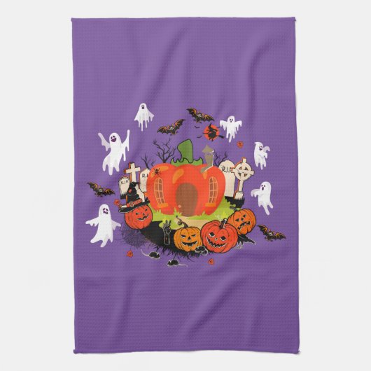 ハロウィン不気味パンプキン墓地シーン キッチンタオル (縦)