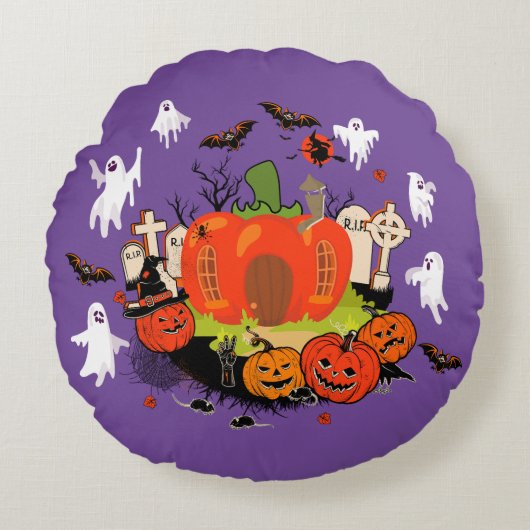 ハロウィン不気味パンプキン墓地シーン ラウンドクッション (正面)