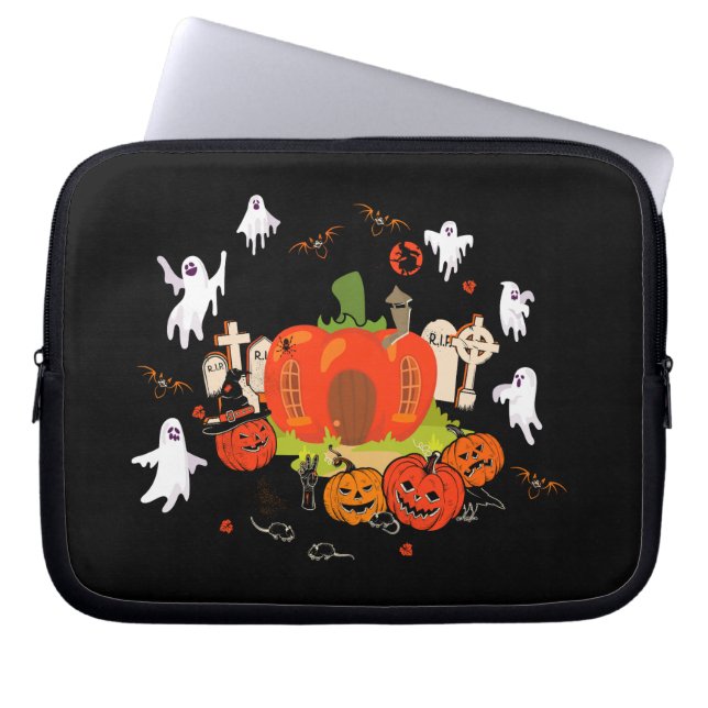 ハロウィン不気味パンプキン墓地シーン ラップトップスリーブ (正面)