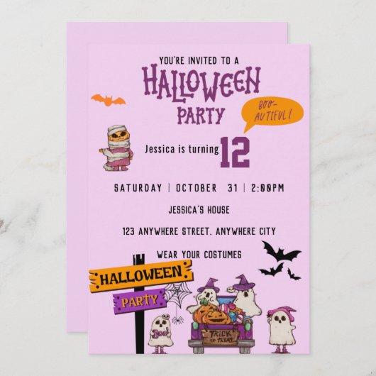 ハロウィン不気味ピンクバースデーパーティー 招待状 (正面/裏面)