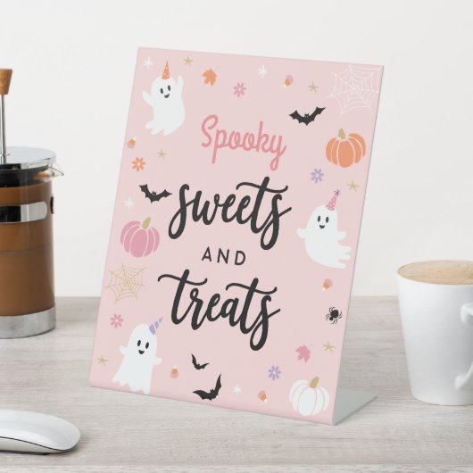 ハロウィン不気味ピンク幽霊不気味スイーツ&トリート 台座サイン (インサイチュ)