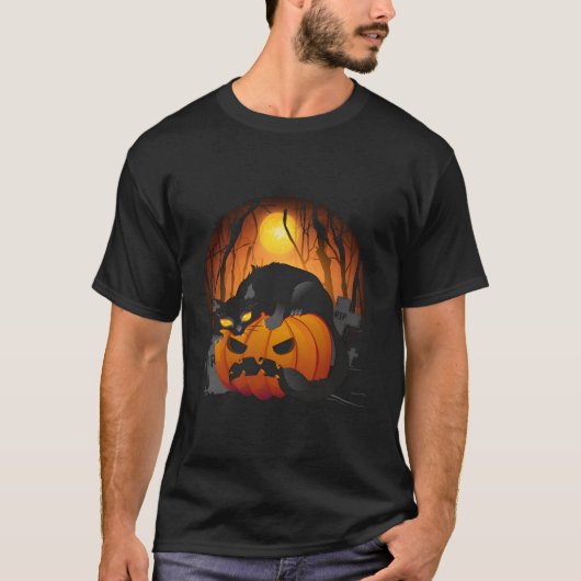 ハロウィン不気味ブラックキャットカボチャ墓地 Tシャツ (正面)