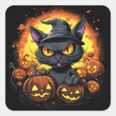 ハロウィン不気味マンガ魔女猫 スクエアシール (正面)