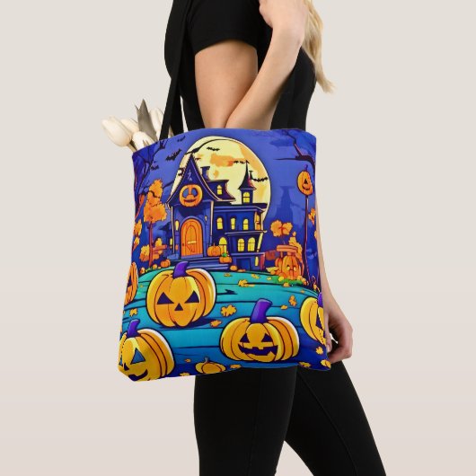 ハロウィン不気味マンションアートワーク トートバッグ (クローズアップ)