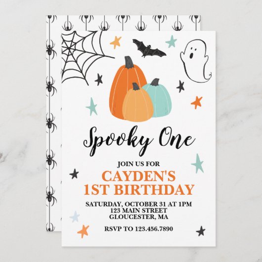 ハロウィン不気味ワン1歳の誕生日ブルーカボチャ 招待状 (正面/裏面)