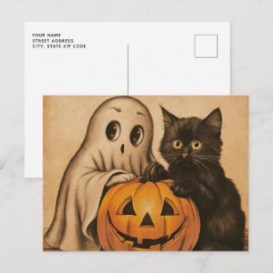 ハロウィン不気味ヴィンテージ幽霊ブラックキャットカボチャ ポストカード