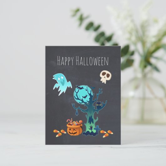 ハロウィン不気味不気味な幽霊たちこうもりスカル&キャンディ ポストカード (スタンド正面)
