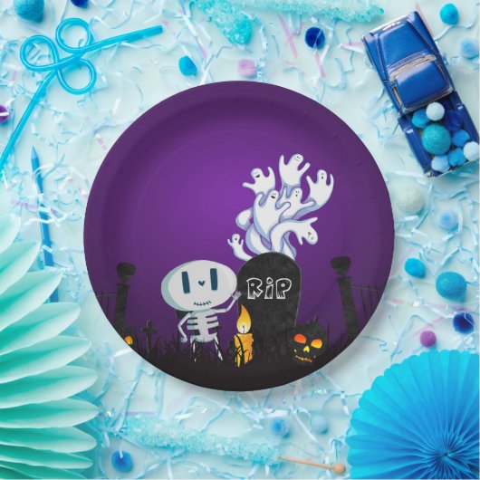 ハロウィン不気味墓地かわいいスケルトン&幽霊たち ペーパープレート (パーティー)