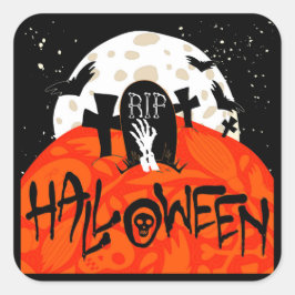 ハロウィン不気味墓地こうもりゾンビムーン スクエアシール