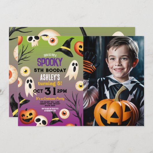 ハロウィン不気味幽霊誕生日キッズフォト 招待状 (正面/裏面)