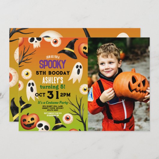 ハロウィン不気味幽霊誕生日キッズフォト 招待状 (正面/裏面)