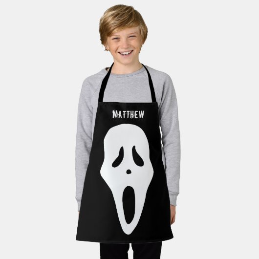 ハロウィン不気味幽霊顔子供へ エプロン (着用した状態)