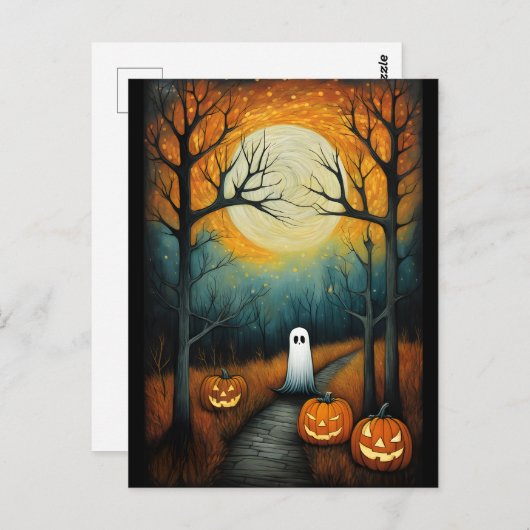 ハロウィン不気味幽霊&フルムーンクリープンプキン ポストカード (正面/裏面)
