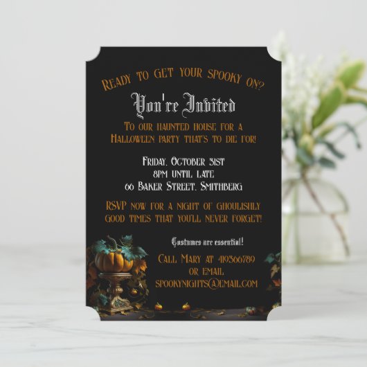ハロウィン不気味招待状フラットカードとカボチャ (スタンド正面)