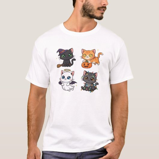 ハロウィン不気味猫とスタイリッシュ猫のインスパイア猫 Tシャツ (正面)