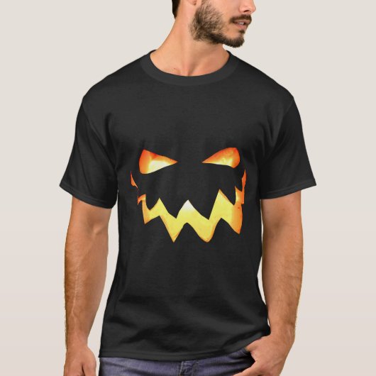 ハロウィン不気味白熱［赤熱］光を放つパンプキン顔ブラック Tシャツ (正面)