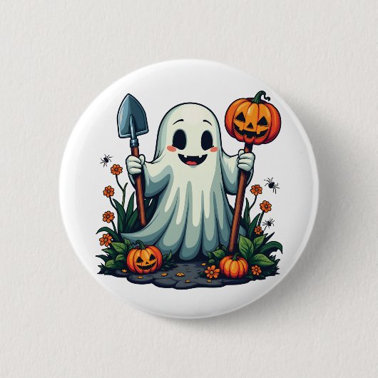 ハロウィン不気味秋ガーデニング幽霊カボチャ 缶バッジ (正面)