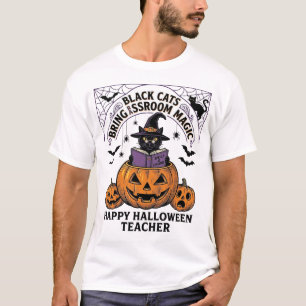 ハロウィン先生猫ビンテージパンプキン教室マ Tシャツ