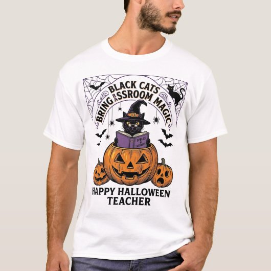 ハロウィン先生猫ビンテージパンプキン教室マ Tシャツ (正面)