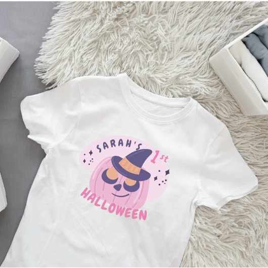 ハロウィン初のキュートなピンクとパープルのカボチャの帽子 ベビーTシャツ