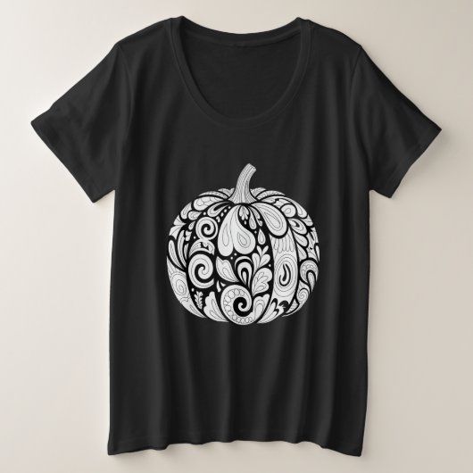 ハロウィン向けの繊細な黒と白のかぼちゃアート プラスサイズTシャツ (デザイン正面)