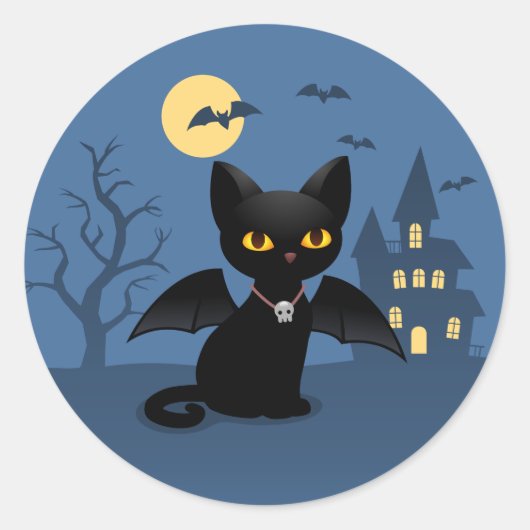 ハロウィン吸血鬼 黒猫 翼付き ラウンドシール (正面)