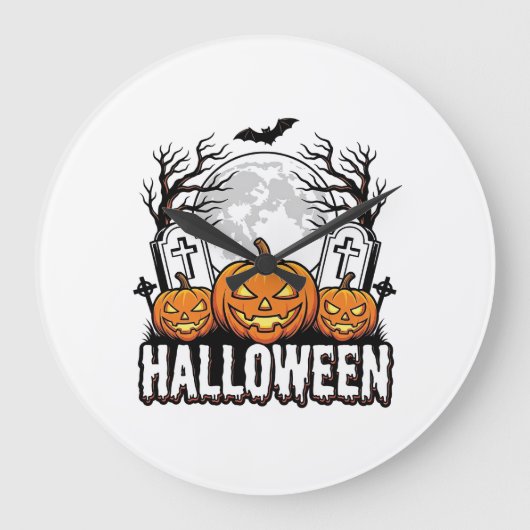 ハロウィン墓地カボチャビンテージ彫刻デザイン ラージ壁時計 (正面)