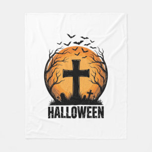 ハロウィン墓地コウモリビンテージムーンTシャツデザイン フリースブランケット