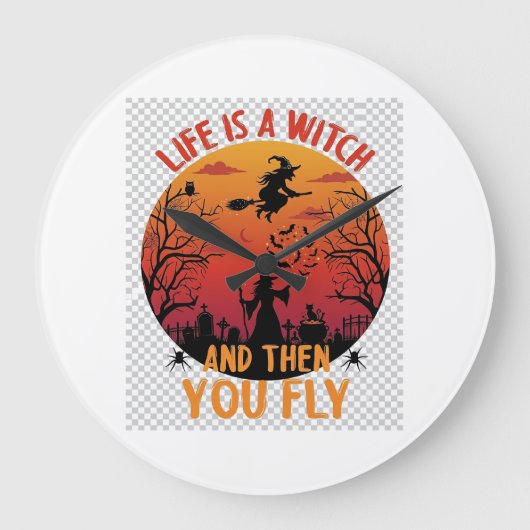 ハロウィン墓地コウモリ「人生は飛ぶまで魔女」 ラージ壁時計 (正面)