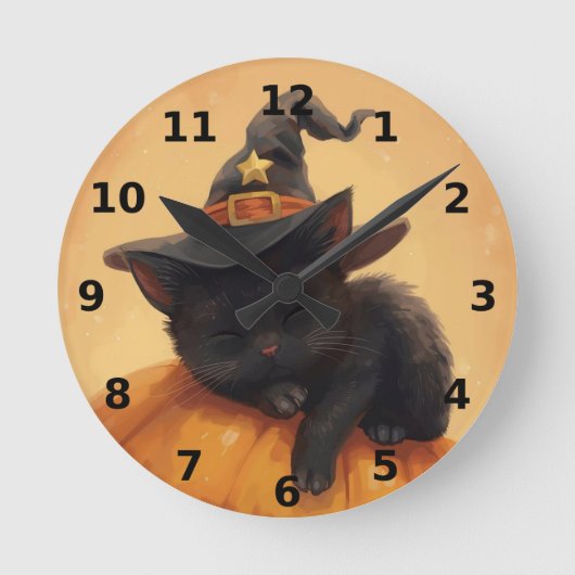 ハロウィン壁掛け時計 黒猫 ラウンド壁時計 (正面)