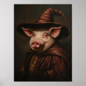 ハロウィン壁画 かわいい魔法使いの豚 ビンテージ風ペイント ポスター (正面)