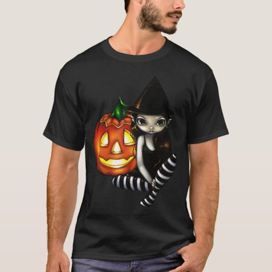 ハロウィン夜かわいいゴシック様式魔法使い及びカボチャワイシャツ Tシャツ (正面)