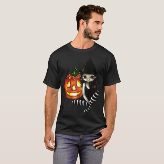ハロウィン夜かわいいゴシック様式魔法使い及びカボチャワイシャツ Tシャツ (正面フル)