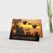 ハロウィン夜の不気味な幽霊とコウモリ カード (正面)