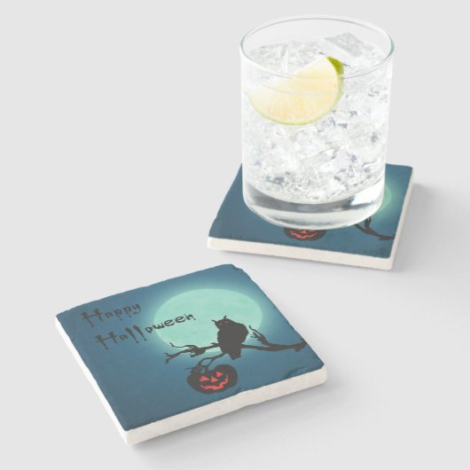 ハロウィン夜カボチャフクロウ ストーンコースター (横)
