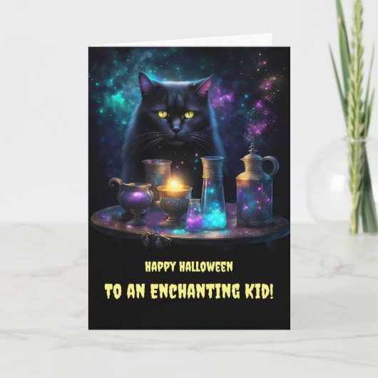 ハロウィン子供への子どもかわいい黒猫魔法 カード (正面)