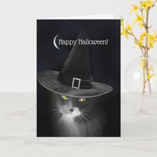 ハロウィン子猫ウィッチハットダーリングと可愛い カード (黄色い花)