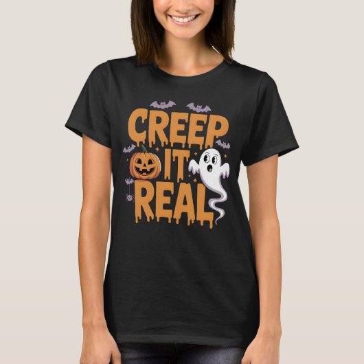 ハロウィン実在幽霊カボチャとこうもり Tシャツ (正面)