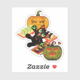 ハロウィン寿司とカボチャの饗宴で戯れる黒猫 シール