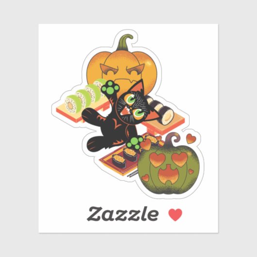 ハロウィン寿司とカボチャの饗宴で戯れる黒猫 シール (シート)