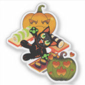 ハロウィン寿司とカボチャの饗宴で戯れる黒猫 シール (正面)