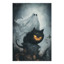 ハロウィン幽霊が黒猫に乗る