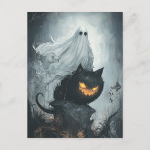 ハロウィン幽霊が黒猫に乗る ポストカード