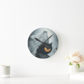 ハロウィン幽霊が黒猫に乗る ラウンド壁時計 (ホーム)